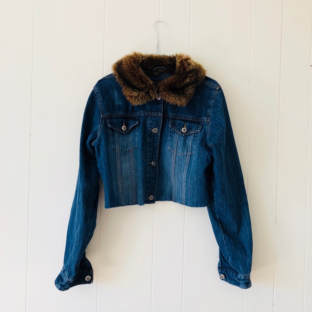 ROUTE 66 CROPPED DENIM FAUX FUR JACKET